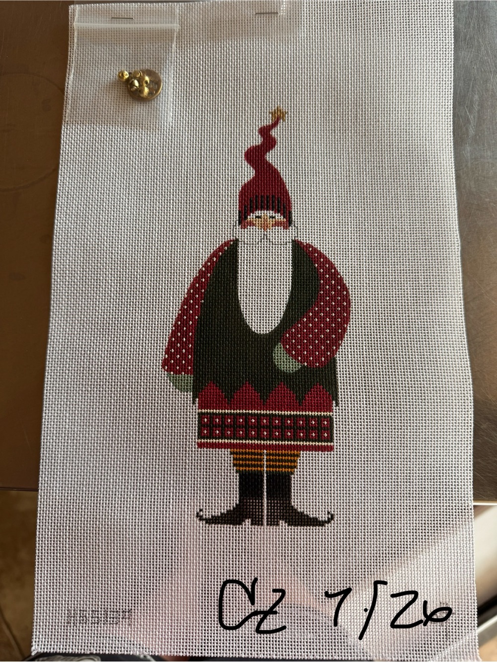 Holiday Santa Canvas Ornament Panel in Red and Green needlepoint